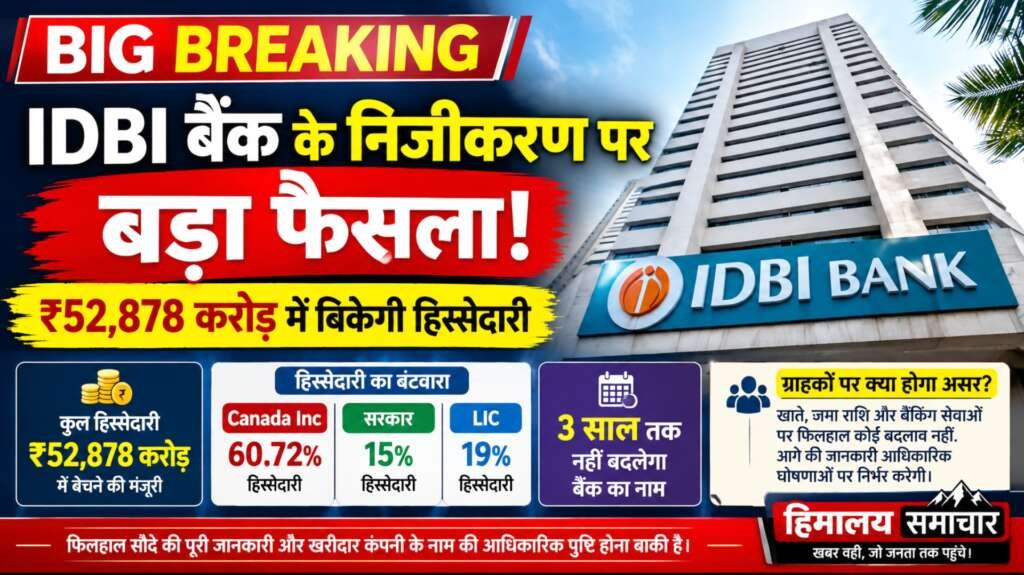 बड़ी खबर: IDBI बैंक के निजीकरण पर बड़ा फैसला! ₹52,878 करोड़ में बिकेगी हिस्सेदारी, जानिए ग्राहकों पर क्या होगा असर